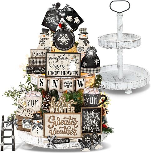 Nuogo 24 Pcs Winter Tiered Tray Decorations Set and 2 Tiered Tray Stand with Handle Winter Table Decoration Tabletop Snowman Decorations for Christmas Home Farmhouse Hot Cocoa in Saudi Arabia