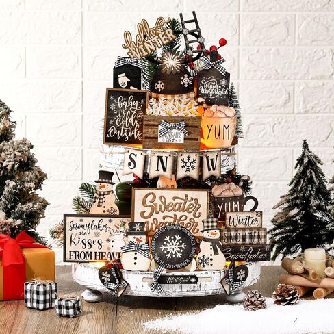 Nuogo 24 Pcs Winter Tiered Tray Decorations Set and 2 Tiered Tray Stand with Handle Winter Table Decoration Tabletop Snowman Decorations for Christmas Home Farmhouse Hot Cocoa in Saudi Arabia