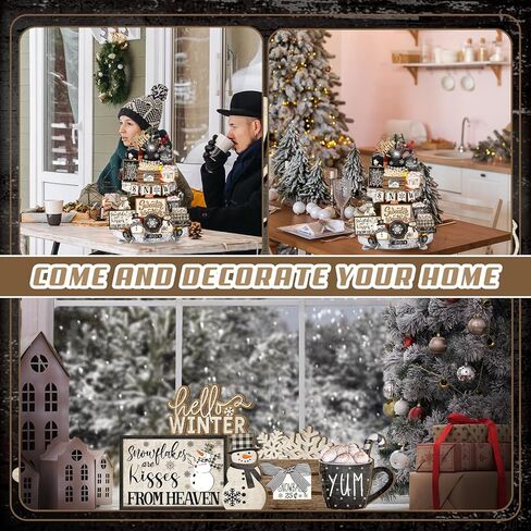 Nuogo 24 Pcs Winter Tiered Tray Decorations Set and 2 Tiered Tray Stand with Handle Winter Table Decoration Tabletop Snowman Decorations for Christmas Home Farmhouse Hot Cocoa in Saudi Arabia