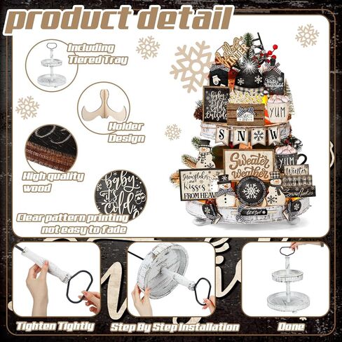 Nuogo 24 Pcs Winter Tiered Tray Decorations Set and 2 Tiered Tray Stand with Handle Winter Table Decoration Tabletop Snowman Decorations for Christmas Home Farmhouse Hot Cocoa in Saudi Arabia