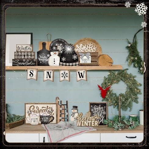 Nuogo 24 Pcs Winter Tiered Tray Decorations Set and 2 Tiered Tray Stand with Handle Winter Table Decoration Tabletop Snowman Decorations for Christmas Home Farmhouse Hot Cocoa in Saudi Arabia