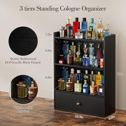 3 Tier Cologne Organizer for Men, Wooden Perfume Organizer Cologne Stand with Drawer Storage Large Capacity, Gift for Men (Black) in Saudi Arabia