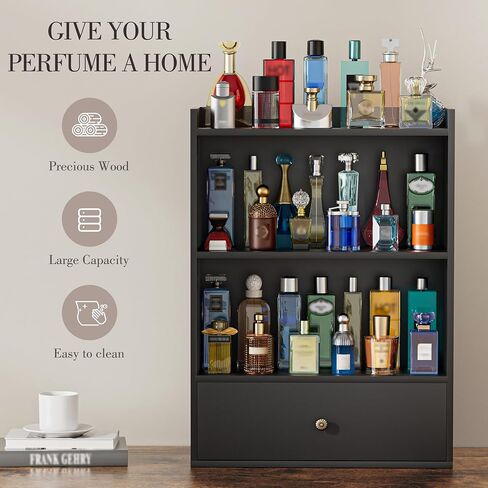3 Tier Cologne Organizer for Men, Wooden Perfume Organizer Cologne Stand with Drawer Storage Large Capacity, Gift for Men (Black) in Saudi Arabia