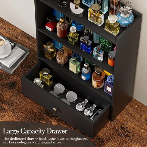 3 Tier Cologne Organizer for Men, Wooden Perfume Organizer Cologne Stand with Drawer Storage Large Capacity, Gift for Men (Black) in Saudi Arabia