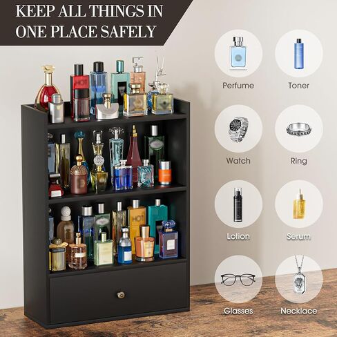 3 Tier Cologne Organizer for Men, Wooden Perfume Organizer Cologne Stand with Drawer Storage Large Capacity, Gift for Men (Black) in Saudi Arabia