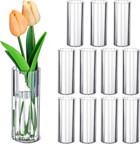 12 Pcs Plastic Small Cylinder Vases for Centerpieces Wedding Decoration, Clear Ribbed Bud Flower Vases Bulk for Wedding Bridal Shower Birthday Party Living Room Table Decor (5.5 Inch) in Saudi Arabia