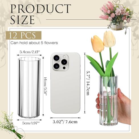12 Pcs Plastic Small Cylinder Vases for Centerpieces Wedding Decoration, Clear Ribbed Bud Flower Vases Bulk for Wedding Bridal Shower Birthday Party Living Room Table Decor (5.5 Inch) in Saudi Arabia