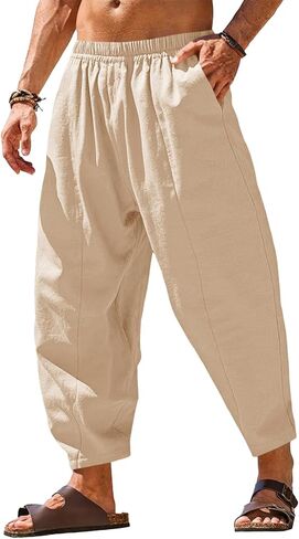 Runcati Mens Harem Pants Casual Elastic Waist Drawstring Cotton Cropped Linen Pants Baggy Hippie Boho Beach Yoga Trousers in Saudi Arabia