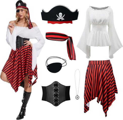 7 Pcs Women Pirate Costume Renaissance Shirt Medieval Dress with Compass Necklace Medieval Pirate Set in Saudi Arabia