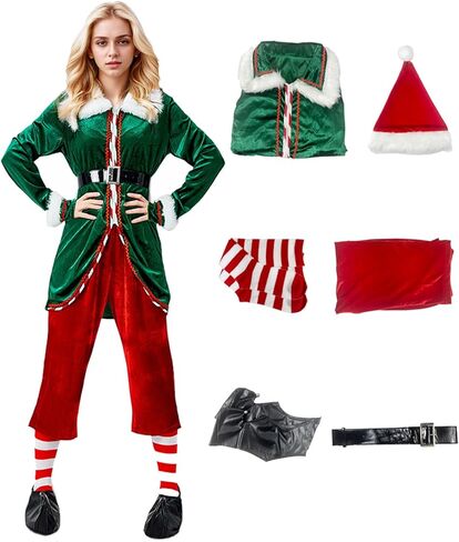 Christmas Elf Costume,6 Piece unisex Elf clothing Suit,Cosplay Party Costume,Adult Santa Outfit Xmas Holiday Party in Saudi Arabia