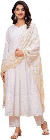Women’s Chikankari Anarkali Kurti Set – Cotton Hand Embroidered Pakistani Gown with Dupatta & Pants – Ethnic Dress in Saudi Arabia