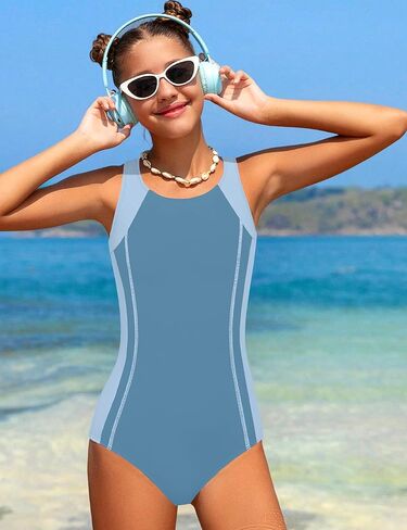 WIQI Girls Swimsuit Athletic Competition Color Block Bathing Suit One Piece Sporty Quick Dry Girls' Swimwear 9-16Y in Saudi Arabia
