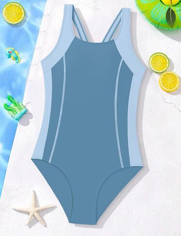 WIQI Girls Swimsuit Athletic Competition Color Block Bathing Suit One Piece Sporty Quick Dry Girls' Swimwear 9-16Y in Saudi Arabia