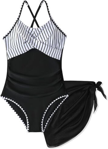 Girls Swimsuit Criss Cross Ruched One-Piece Bathing Suit with Mesh Cover Up Skirt Adjustable Straps Swimwear 7-16Y in Saudi Arabia