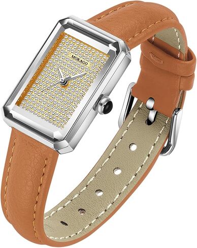 Gosasa Luxury Women's Rectangle Crystal Watch Elegant Quartz Analog Dress Watch with Leather Strap, Sparkling Dial, Lightweight Fashion Gift for Her in Saudi Arabia