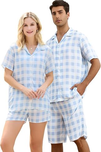 U2SKIIN Matching Pajamas Set for Couples Plaid Button Down Soft Cooling Sleepwear with Pockets Women & Men Short Sleeve in Saudi Arabia