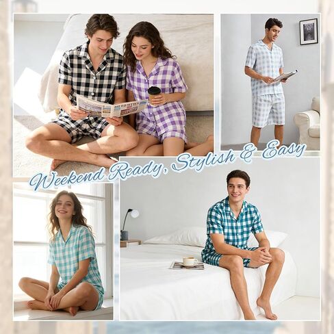 U2SKIIN Matching Pajamas Set for Couples Plaid Button Down Soft Cooling Sleepwear with Pockets Women & Men Short Sleeve in Saudi Arabia