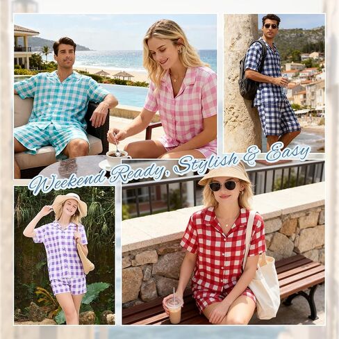 U2SKIIN Matching Pajamas Set for Couples Plaid Button Down Soft Cooling Sleepwear with Pockets Women & Men Short Sleeve in Saudi Arabia