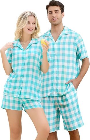 U2SKIIN Matching Pajamas Set for Couples Plaid Button Down Soft Cooling Sleepwear with Pockets Women & Men Short Sleeve in Saudi Arabia