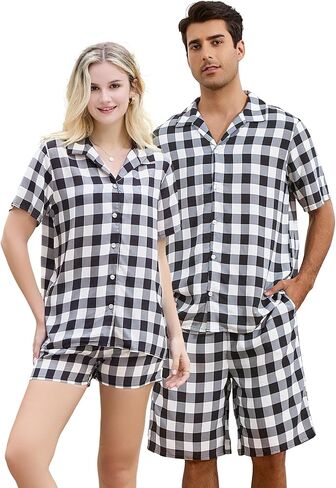 U2SKIIN Matching Pajamas Set for Couples Plaid Button Down Soft Cooling Sleepwear with Pockets Women & Men Short Sleeve in Saudi Arabia
