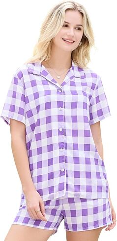 U2SKIIN Matching Pajamas Set for Couples Plaid Button Down Soft Cooling Sleepwear with Pockets Women & Men Short Sleeve in Saudi Arabia