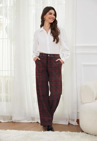 Women Plaid Dress Pants High Waisted Wide Leg Pants Fleece Pants for Women Stretchy Fall Trousers in Saudi Arabia