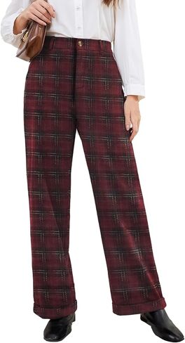 Women Plaid Dress Pants High Waisted Wide Leg Pants Fleece Pants for Women Stretchy Fall Trousers in Saudi Arabia