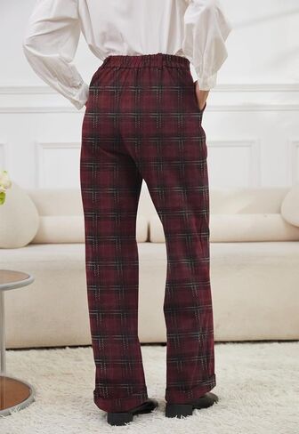 Women Plaid Dress Pants High Waisted Wide Leg Pants Fleece Pants for Women Stretchy Fall Trousers in Saudi Arabia