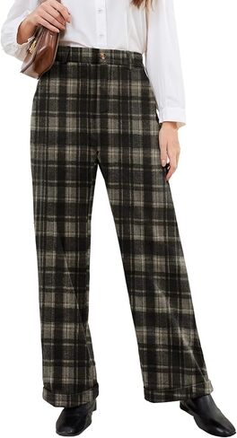 Women Plaid Dress Pants High Waisted Wide Leg Pants Fleece Pants for Women Stretchy Fall Trousers in Saudi Arabia