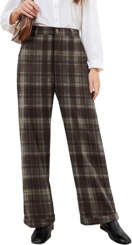 Women Plaid Dress Pants High Waisted Wide Leg Pants Fleece Pants for Women Stretchy Fall Trousers in Saudi Arabia