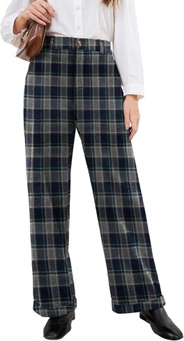 Women Plaid Dress Pants High Waisted Wide Leg Pants Fleece Pants for Women Stretchy Fall Trousers in Saudi Arabia