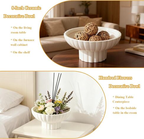 8 Inch White Ceramic Pedestal Bowl, Fluted Footed Fruit & Key Bowl for Entryway Table Decor, Modern Home Organizer as Catch All Bowl, Decorative Centerpiece for Kitchen Counter in Saudi Arabia