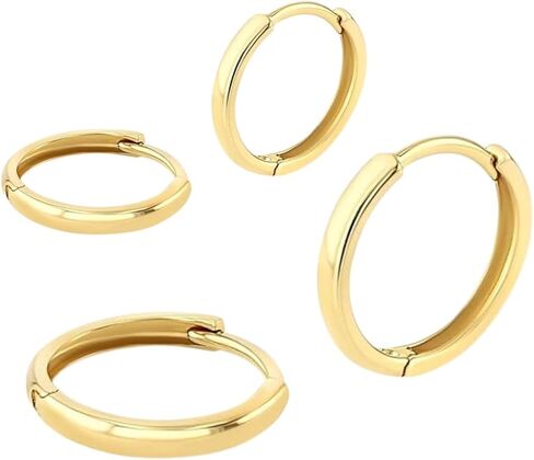 2-Pair Bundle – 13mm & 15mm 14k Solid Yellow Gold Huggie Hoop Earrings for Women & Men – Real Gold, Hypoallergenic, Everyday Hoops Set (13mm, 15mm) in Kuwait