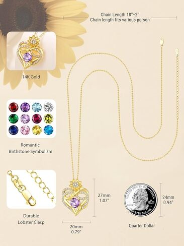 14K Gold Sunflower Birthstone Necklace for Women Infinity Love Heart Necklace Christmas Valentines Mothers Day Anniversary Birthday Gifts for Her Mom Wife Girlfriend Daughter in Saudi Arabia