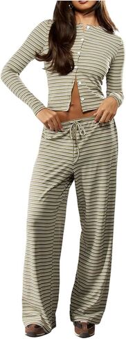 SweatyRocks Women's Striped 2 Piece Outfit Button Down Long Sleeve Knit Top Set Leisure in Saudi Arabia