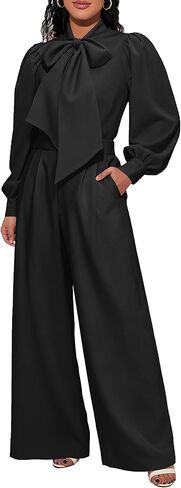 VERWIN Long Sleeve Plain Dressy Romper Elastic Waist Full Length Bowknot Women's Jumpsuit with Pockets in Saudi Arabia