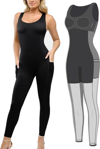 Popilush Shapewear Workout Jumpsuit for Women - Built In Shapewear Square Neck Romper with Pocket Bodysuit for Women in Saudi Arabia