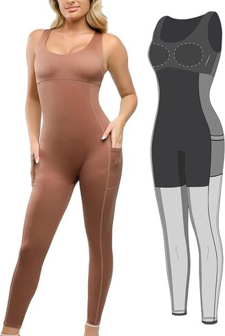 Popilush Shapewear Workout Jumpsuit for Women - Built In Shapewear Square Neck Romper with Pocket Bodysuit for Women in Saudi Arabia