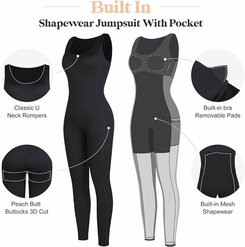 Popilush Shapewear Workout Jumpsuit for Women - Built In Shapewear Square Neck Romper with Pocket Bodysuit for Women in Saudi Arabia
