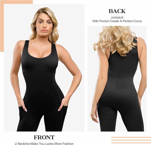 Popilush Shapewear Workout Jumpsuit for Women - Built In Shapewear Square Neck Romper with Pocket Bodysuit for Women in Saudi Arabia
