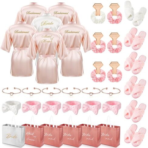 36 Pcs Bride Bridesmaid Robes Set of 6 Bridal Party Silk Satin Robes for Wedding Bachelorette Party Gifts(White,Pink) in Saudi Arabia