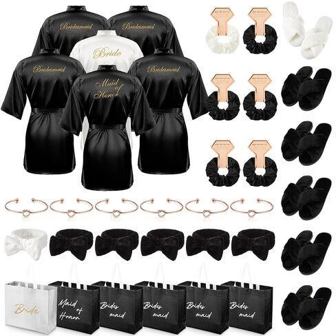 36 Pcs Bride Bridesmaid Robes Set of 6 Bridal Party Silk Satin Robes for Wedding Bachelorette Party Gifts(White,Pink) in Saudi Arabia