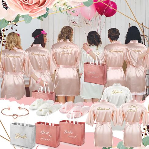 36 Pcs Bride Bridesmaid Robes Set of 6 Bridal Party Silk Satin Robes for Wedding Bachelorette Party Gifts(White,Pink) in Saudi Arabia