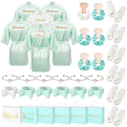 36 Pcs Bride Bridesmaid Robes Set of 6 Bridal Party Silk Satin Robes for Wedding Bachelorette Party Gifts(White,Pink) in Saudi Arabia