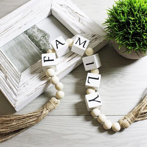 Farmhouse Home Decor Family Letter Block Wood Bead with Tassels, Family Decoration Gifts Boho Wooden Beads for Living Room Tabletop Tiered Tray Mantel Shelf, 24'' in Saudi Arabia