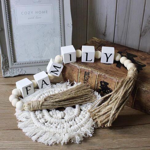 Farmhouse Home Decor Family Letter Block Wood Bead with Tassels, Family Decoration Gifts Boho Wooden Beads for Living Room Tabletop Tiered Tray Mantel Shelf, 24'' in Saudi Arabia