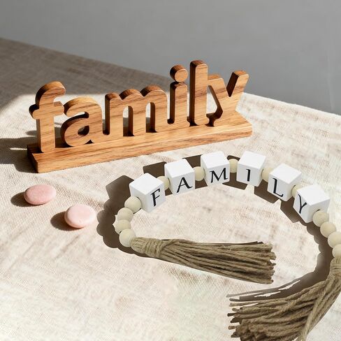 Farmhouse Home Decor Family Letter Block Wood Bead with Tassels, Family Decoration Gifts Boho Wooden Beads for Living Room Tabletop Tiered Tray Mantel Shelf, 24'' in Saudi Arabia