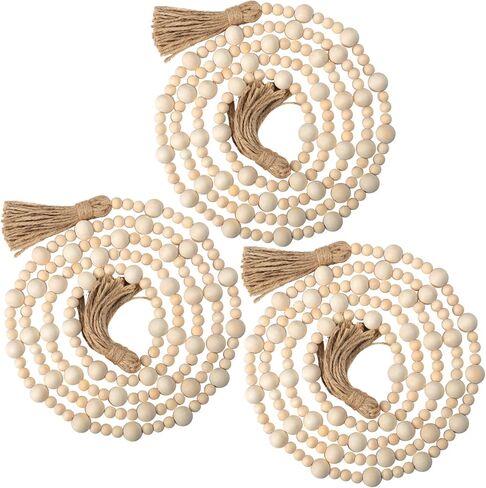 Jetec 23.7 Feet Wood Beaded Garlands with Tassels Christmas Hanging Ornaments Boho Farmhouse Decor Xmas Rustic Wooden Beads Garland for Christmas Table Wall Hanging Decor(Wood Color) in Saudi Arabia