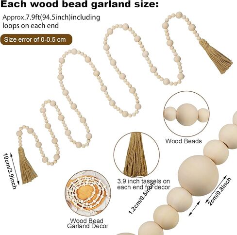 Jetec 23.7 Feet Wood Beaded Garlands with Tassels Christmas Hanging Ornaments Boho Farmhouse Decor Xmas Rustic Wooden Beads Garland for Christmas Table Wall Hanging Decor(Wood Color) in Saudi Arabia