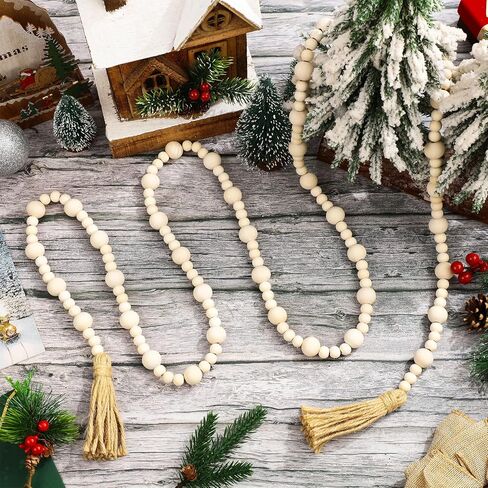 Jetec 23.7 Feet Wood Beaded Garlands with Tassels Christmas Hanging Ornaments Boho Farmhouse Decor Xmas Rustic Wooden Beads Garland for Christmas Table Wall Hanging Decor(Wood Color) in Saudi Arabia
